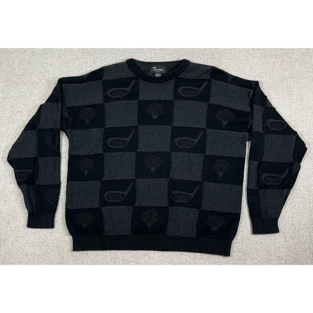 Vintage Tosani Sweater Golf Men's XL Gray Black Golf Clubs Golf Balls Grandpa